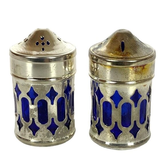 Filigree Silver Plate and Cobalt Blue Glass Individual Salt Pepper Shakers - Picture 2 of 4